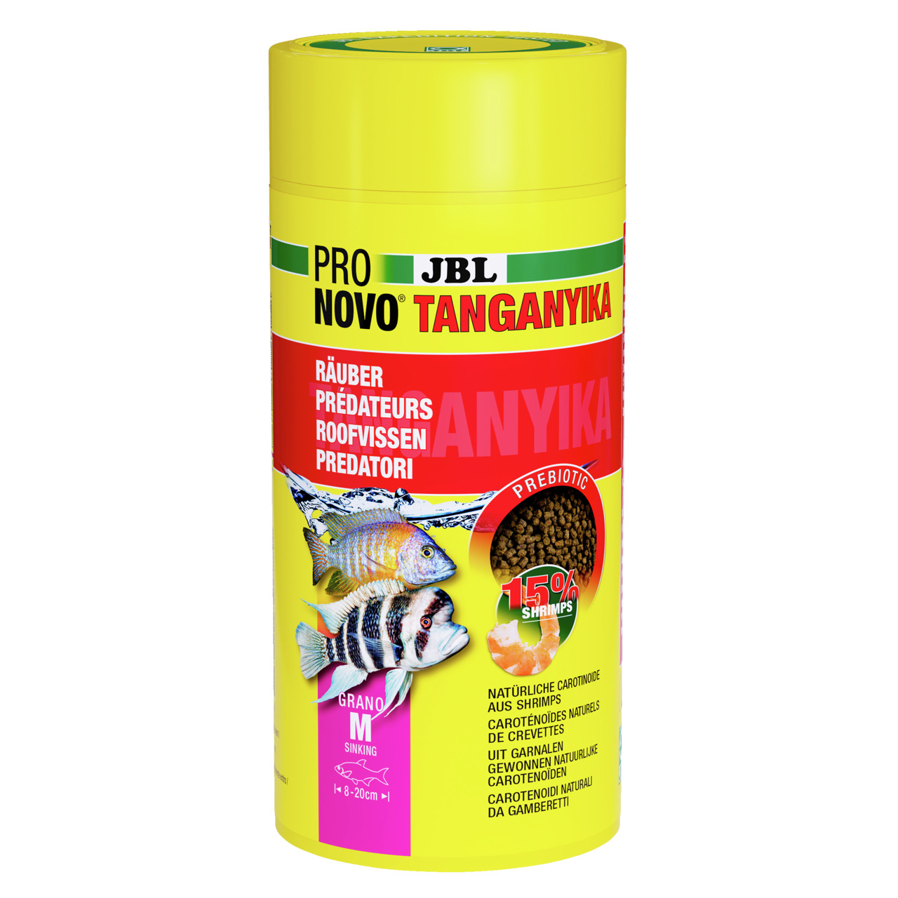 JBL ProNovo Tanganyika Grano M, für räuberische Buntbarsche (8-20 cm), 15 % Garnelen, Carotinoide, 250 ml, Tanganjikasee.