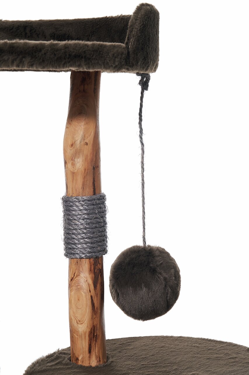 Nobby Kratzbaum für Katzen, stabiler Holzstamm mit Sisal, gepolsterte Liegefläche (dunkelbraun), Plüschball, ideal zum Krallenwetzen.