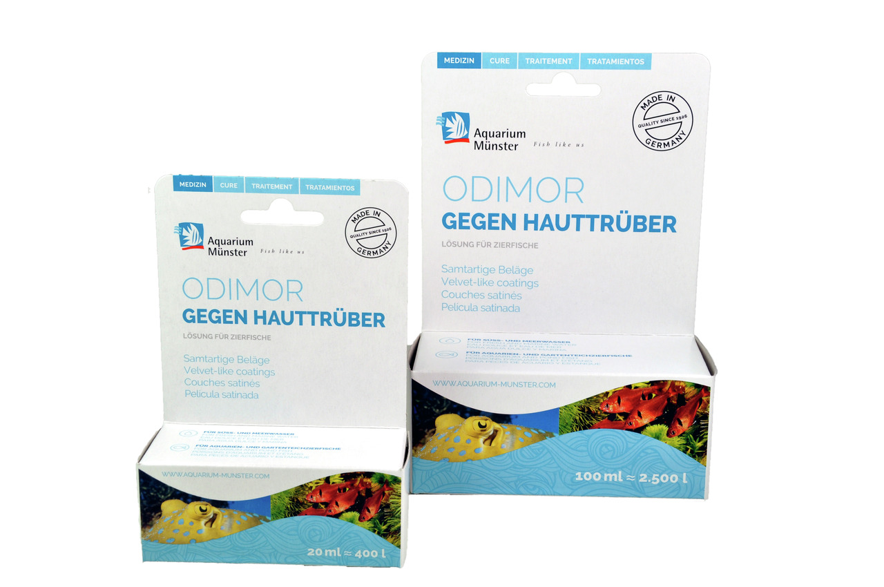 Odimor v. Aquarium Münster: Heilmittel f. Zierfische, gg. samtartige Hautbeläge. Größen: 20 ml (400 l), 100 ml (2.500 l).