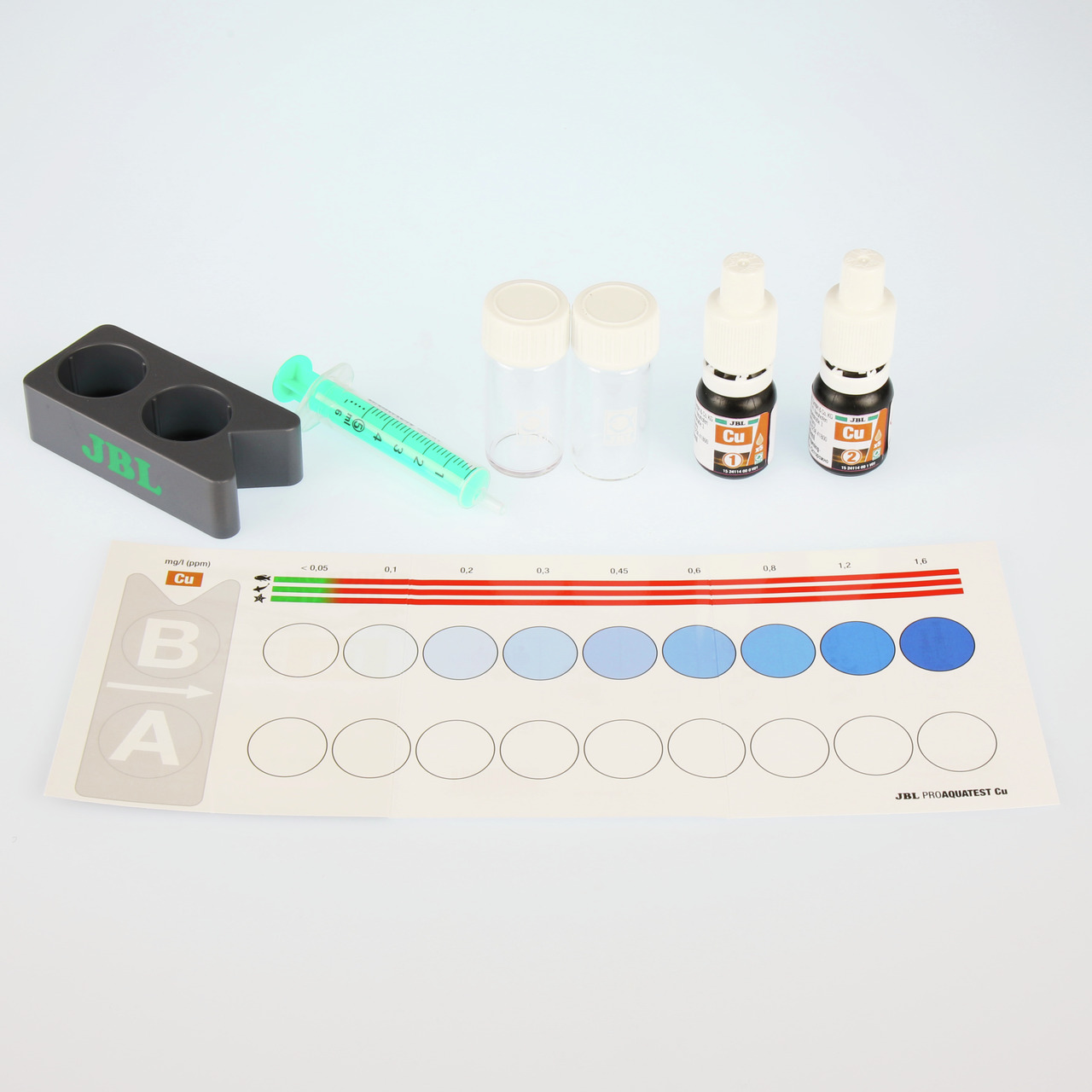 JBL ProAquaTest Cu, Wassertest-Set f. Aquarien/Teiche, präzise Kupfermessung, inkl. 2 Reagenzflaschen, 2 Gläser, Spritze, Farbskala.