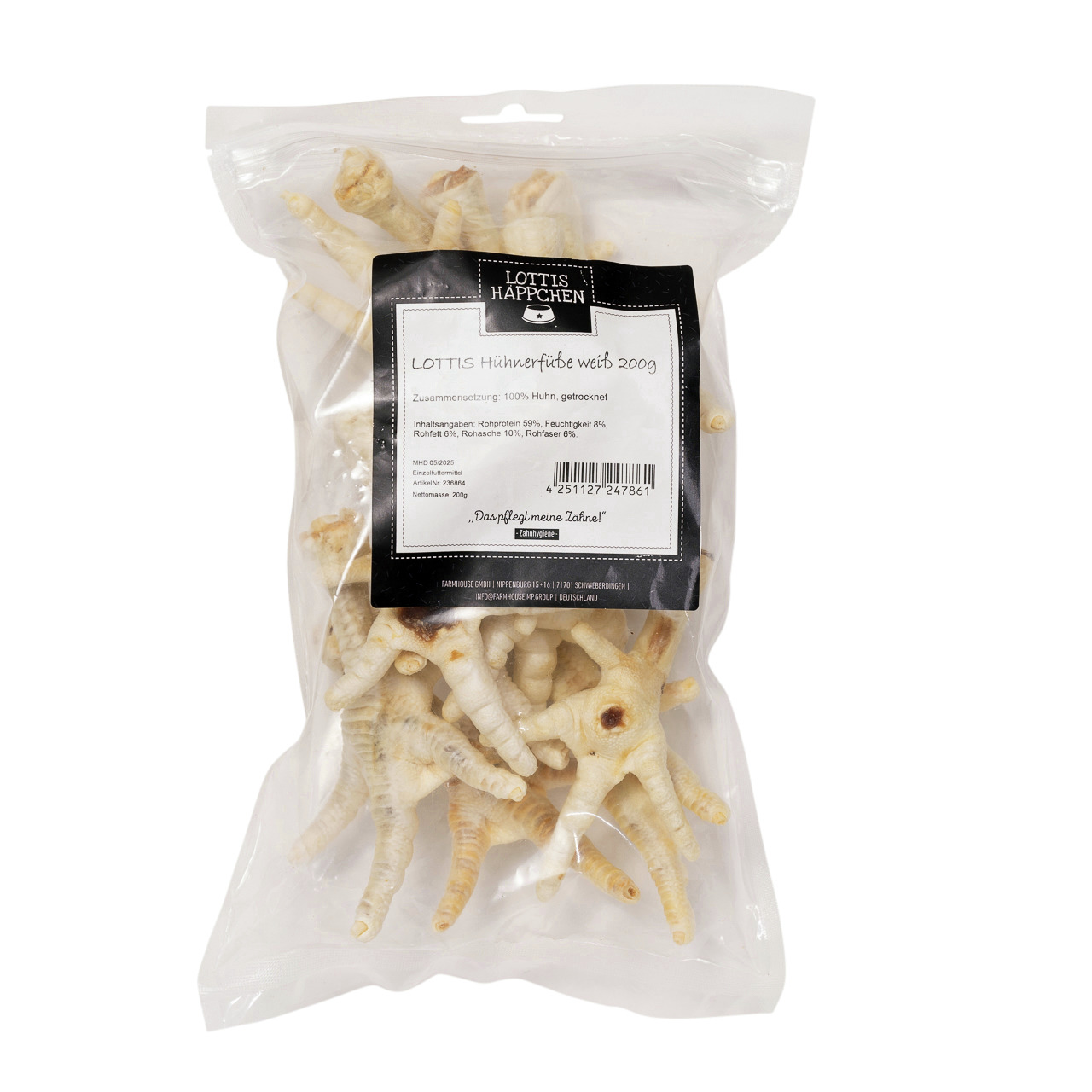 Das Bild zeigt eine transparente Verpackung mit der Aufschrift „LOTTIS HÄPPCHEN“. Enthalten sind getrocknete Hühnerfüße in weißer Farbe, geeignet als Kauartikel für Hunde. Die Verpackung enthält 200 g und ist mit der EAN 4251127247861 gekennzeichnet. Die 