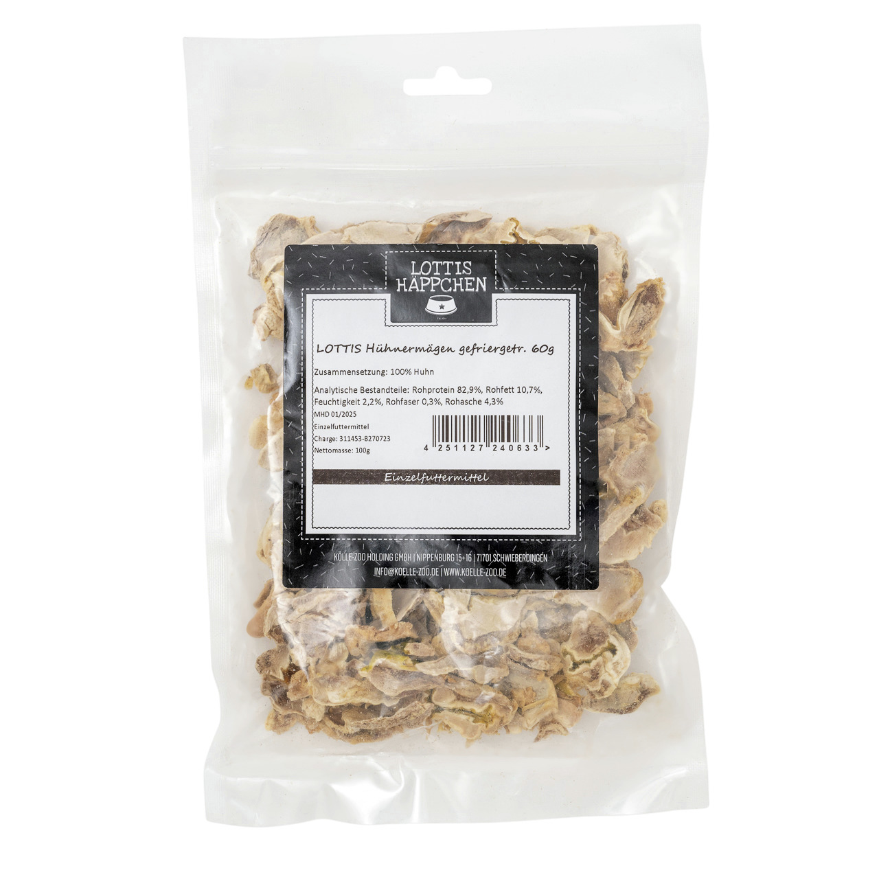 LOTTIS HÄPPCHEN Hähnermägen gefriergetrocknet, 60 g, für Hunde, Geschmacksrichtung Huhn, 100 % Hähnermägen, proteinreich, Einzelfuttermittel.