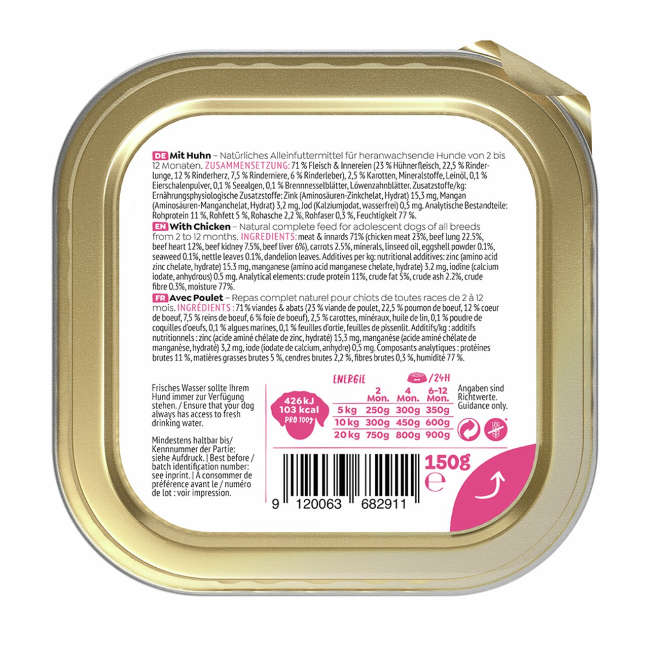 WOW DOG Alleinfuttermittel für heranwachsende Hunde, Geschmacksrichtung Huhn, 150 g, für Hunde von 2-12 Monaten.