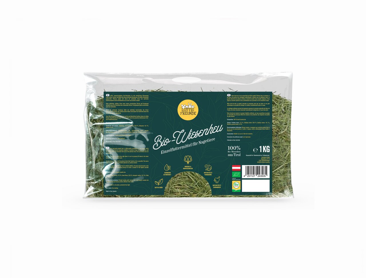 Lottis Freunde Bio-Wiesenheu, 1 kg, Einzelfuttermittel für Kaninchen, Meerschweinchen & Kleintiere, 100 % Bio aus Tirol.