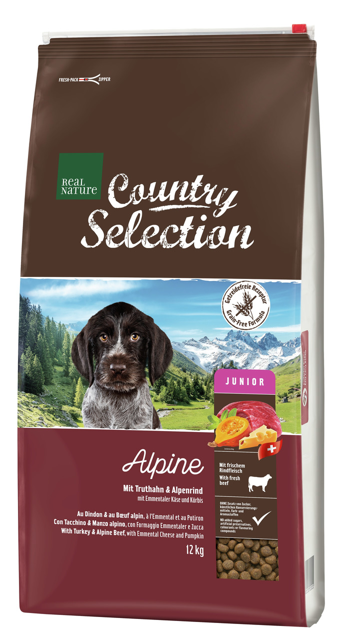 REAL NATURE Country Selection Alpine, Junior, Truthahn & Alpenrind mit Emmentaler & Kürbis, 12 kg, getreidefrei.