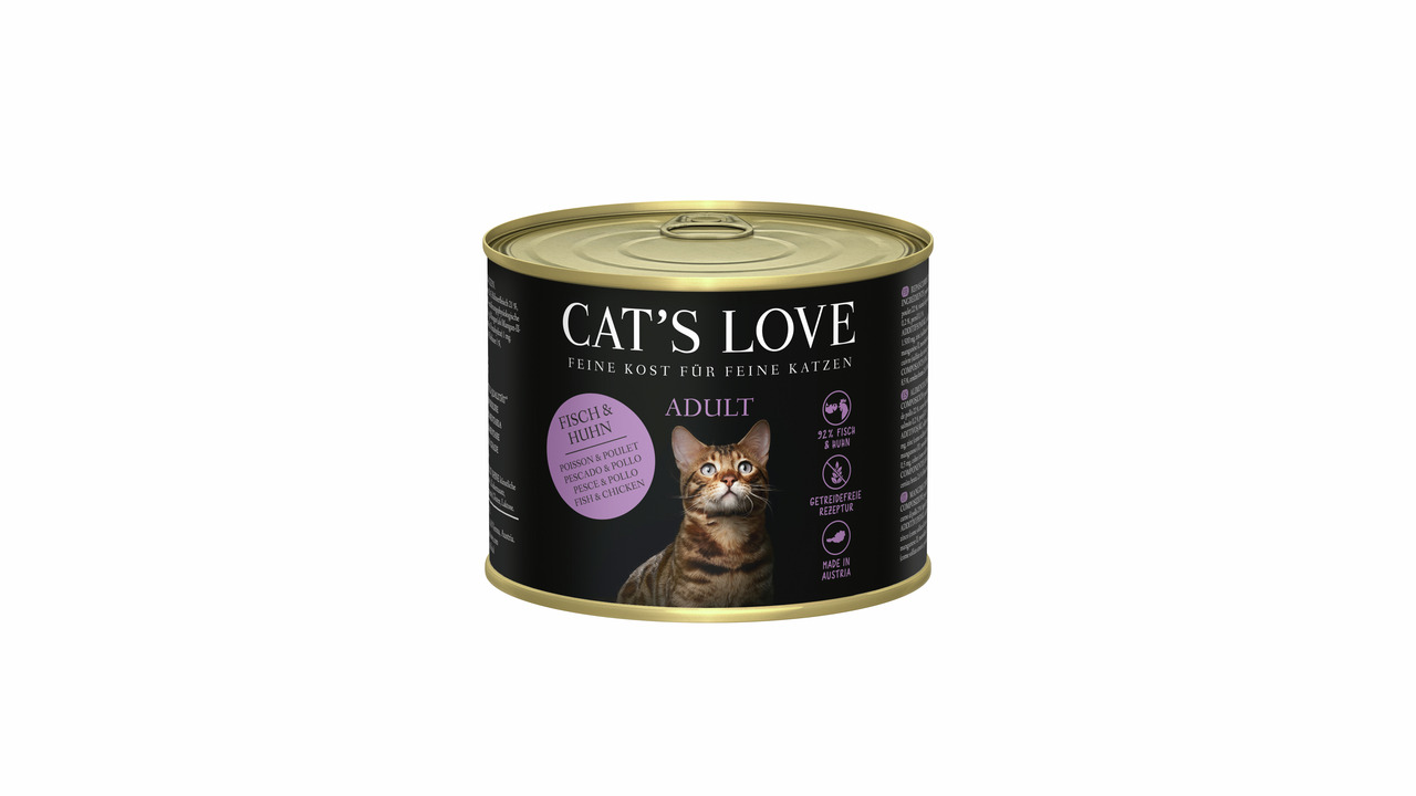 Eine schwarze Dose Katzenfutter der Marke "Cat's Love" mit der Aufschrift "Feine Kost für feine Katz