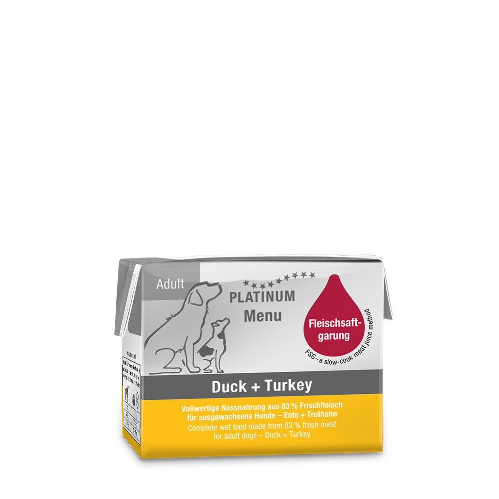 PLATINUM Menu Duck+Turkey Nassfutter f. erw. Hunde, 83 % Frischfleisch (Ente+Truthahn), Fleischsaftgarung, 375 g.