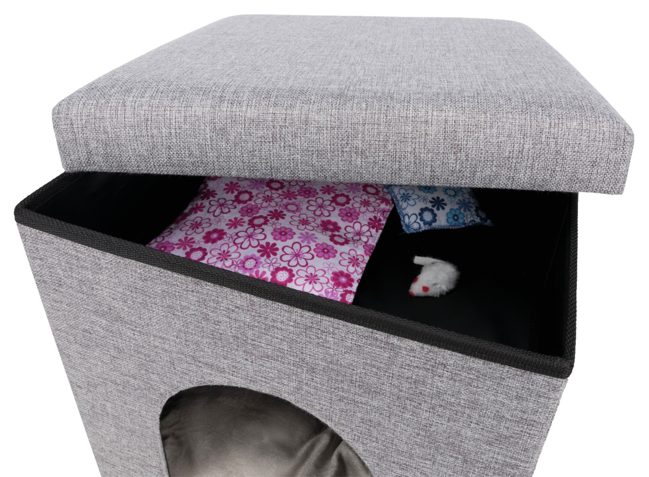 TRIXIE Kuschelhöhle für Katzen, grau, würfelförmig, mit abnehmbarem Deckel, inkl. Kissen (Blumenmuster) & Spielzeug (weiße Maus).