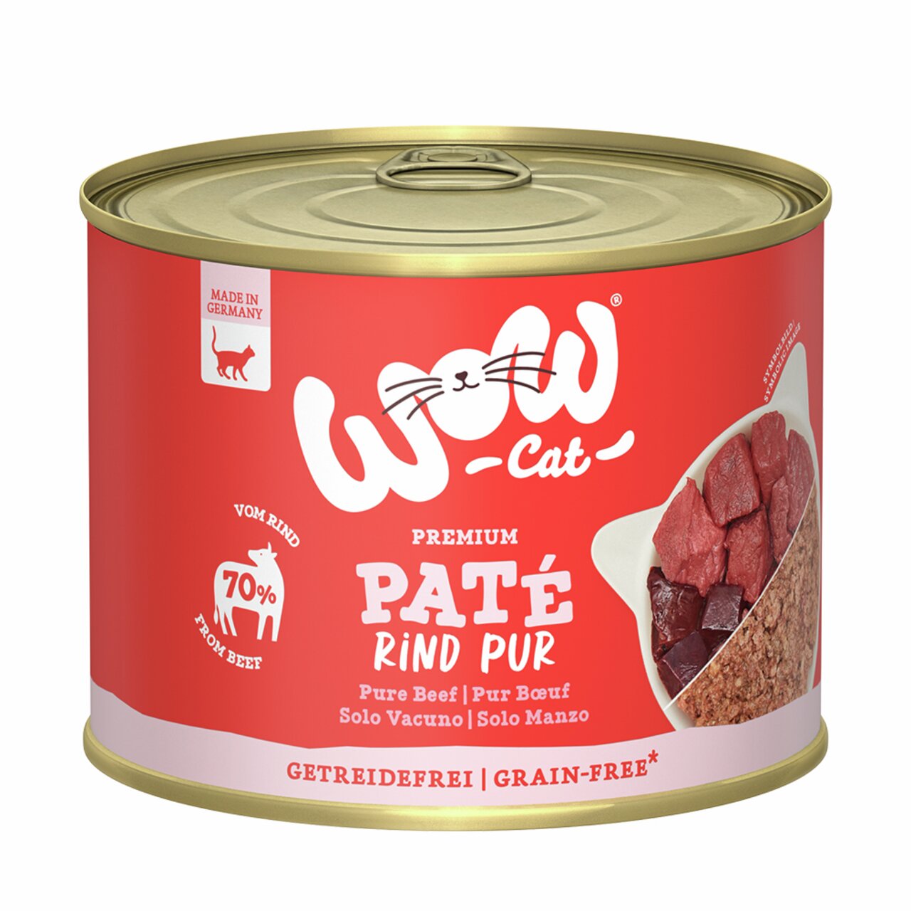 WOW CAT Paté Rind pur, 70 % Rindfleisch, getreidefrei, für Katzen, 200 g.