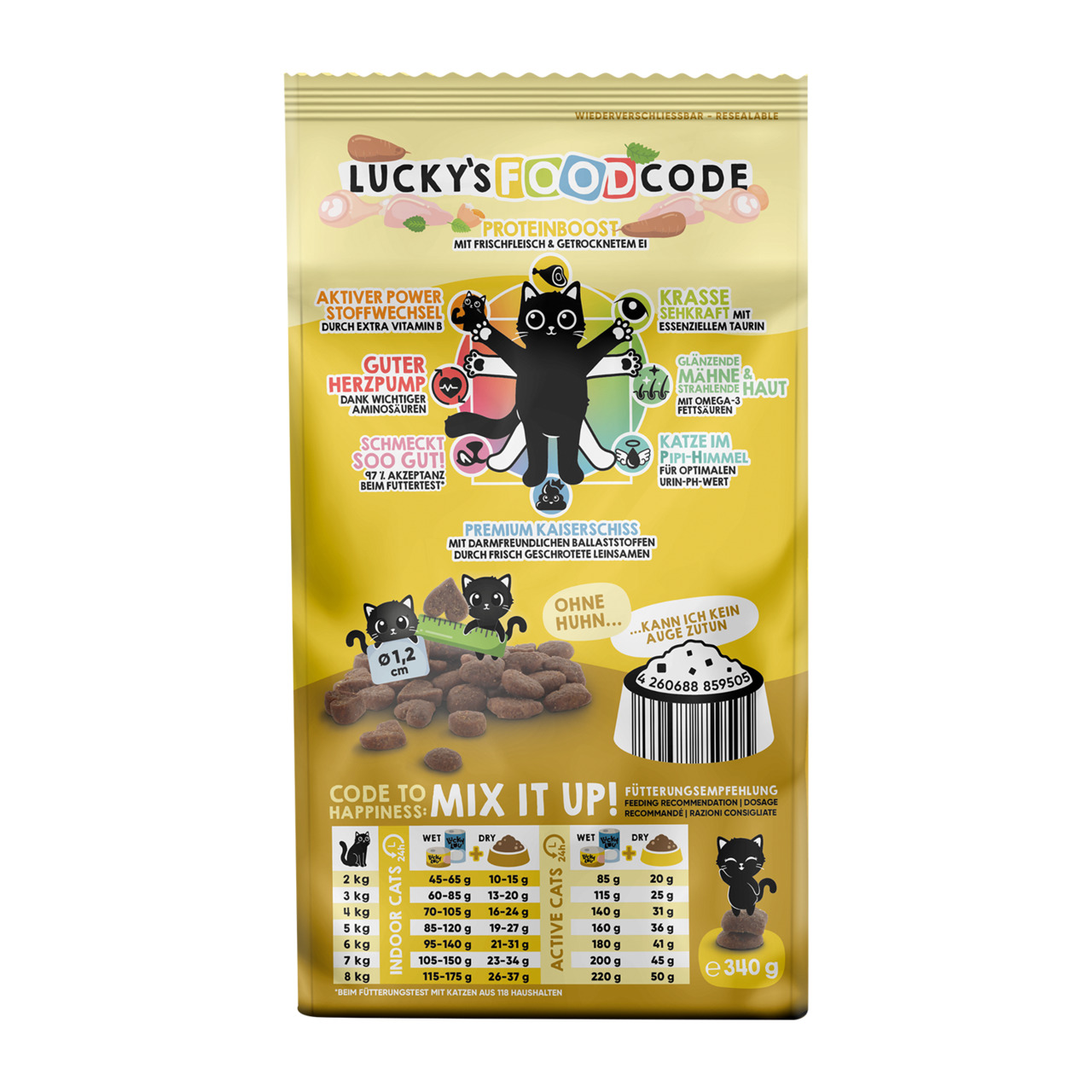 Das Bild zeigt eine gelbe Verpackung des Katzenfutters "Lucky's Food Code" mit der EAN 4260688859505. Es handelt sich um ein Premium-Trockenfutter für Katzen. Die Geschmacksrichtung ist Frischfleisch und getrocknetes Ei. Die Verpackung enthält 340 g. Werb