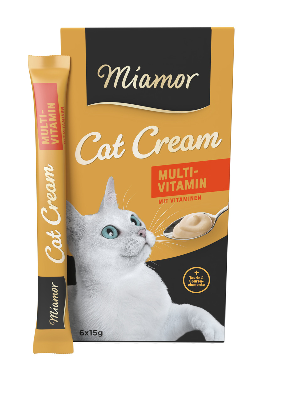 Miamor Cat Cream Multivitamin, Ergänzungsfutter f. Katzen, mit Vitaminen, Taurin & Spurenelementen, 6x15g, unterstützt Gesundheit.