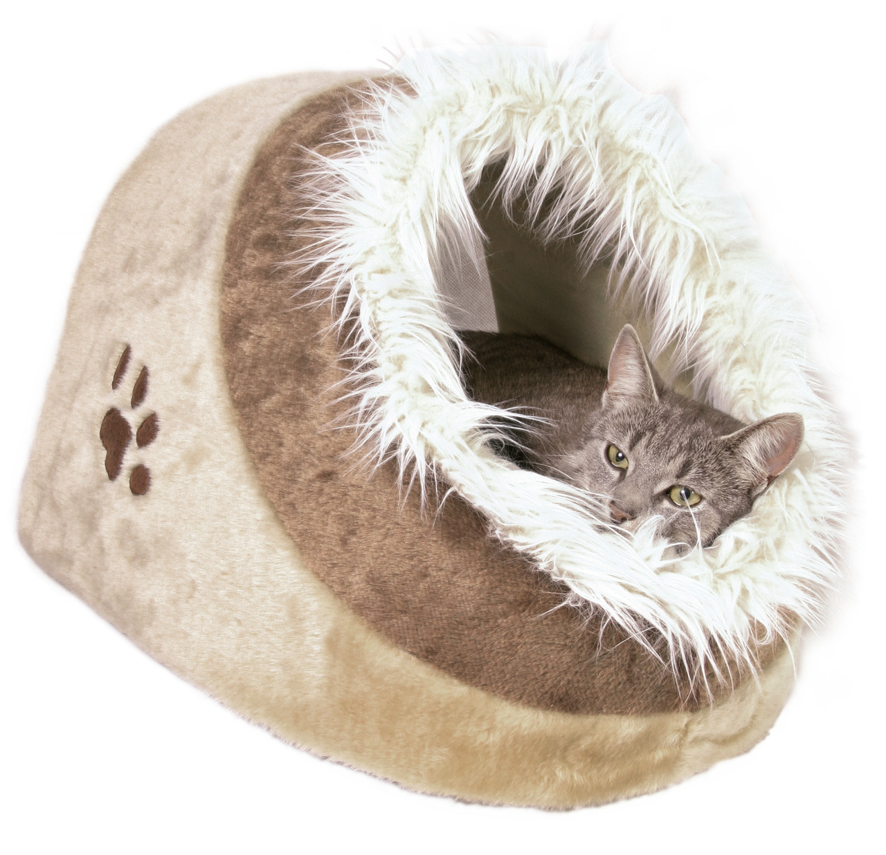 TRIXIE Katzenbett "Minou", beige-braun, Pfotenstickerei, flauschiger Rand, ideal f. kl.-mittelgr. Katzen, Komfort & Geborgenheit.