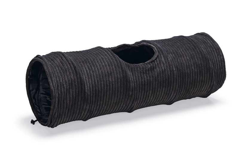 Katzentunnel „Designed by Lotte“, schwarz, für Katzen, Spiel+Versteckspaß, weicher Stoff, Loch, Maße: 90 cm L, 25 cm Ø.