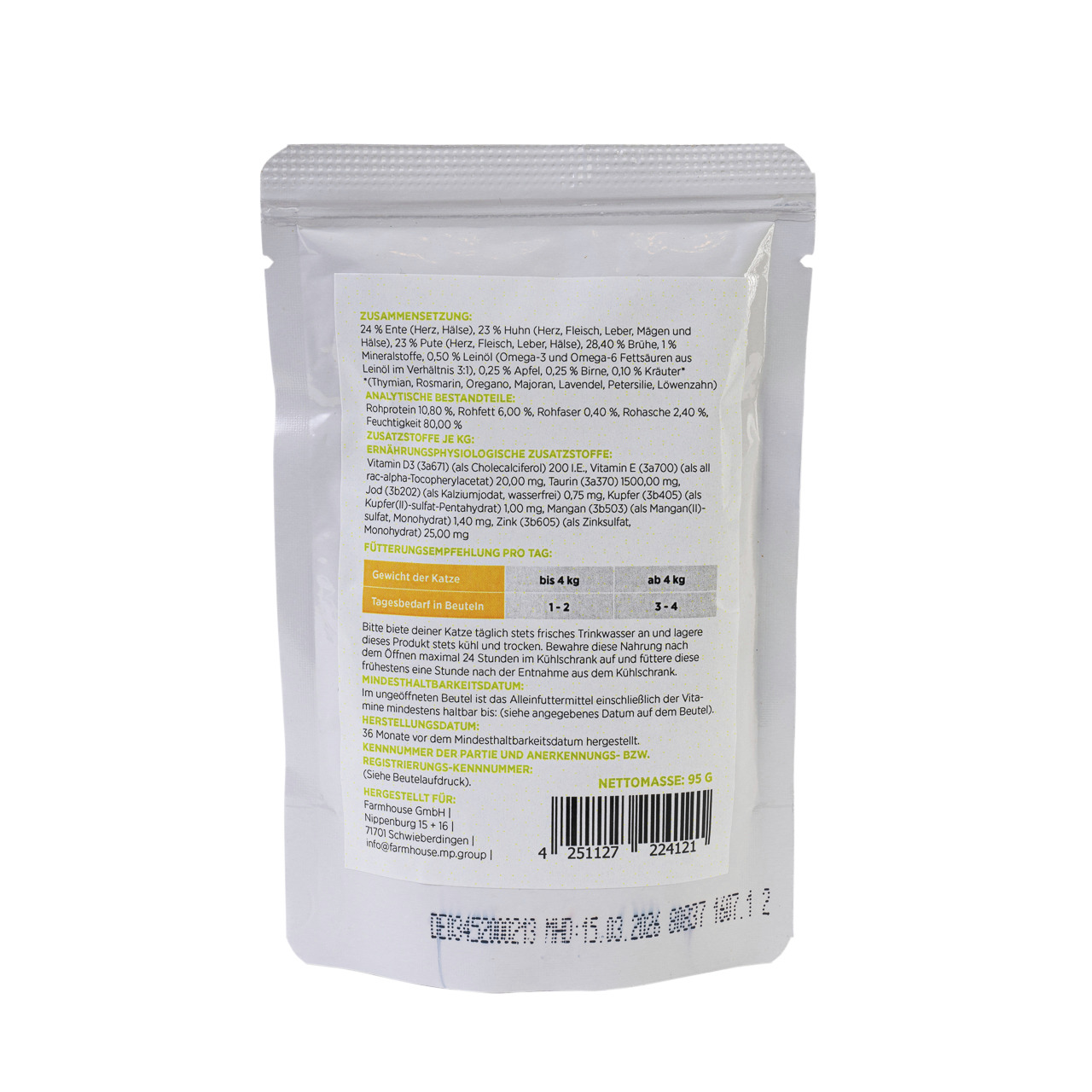 Farmhouse MINCAS HÄPPCHEN, Alleinfuttermittel f. Katzen, Ente-Huhn-Pute, 95 g, Zutaten, Fütterungsempfehlungen & Zusatzstoffe.