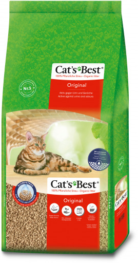 Das Bild zeigt eine grüne Verpackung der Marke CAT'S BEST mit der Produktbezeichnung "Original". Es handelt sich um Katzenstreu aus 100 % natürlichen Pflanzenfasern, geeignet für Katzen als Zielgruppe. Die Verpackung enthält 10 Liter Streu, die biologisch