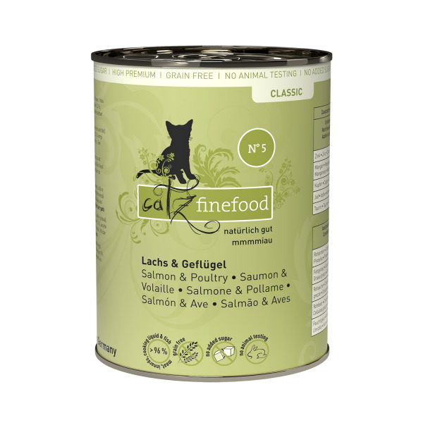 Catz finefood Classic No. 5, Katzenfutter, Lachs & Geflügel, 400 g, getreidefrei, ohne Zuckerzusatz, ohne Tierversuche.