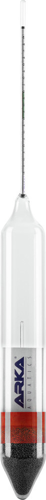 ARKA Aquatics Hydrometer: Präzisionsinstrument für Aquaristik, misst Dichte & Salzgehalt. Schlankes Glasdesign, Skala, Marke sichtbar.