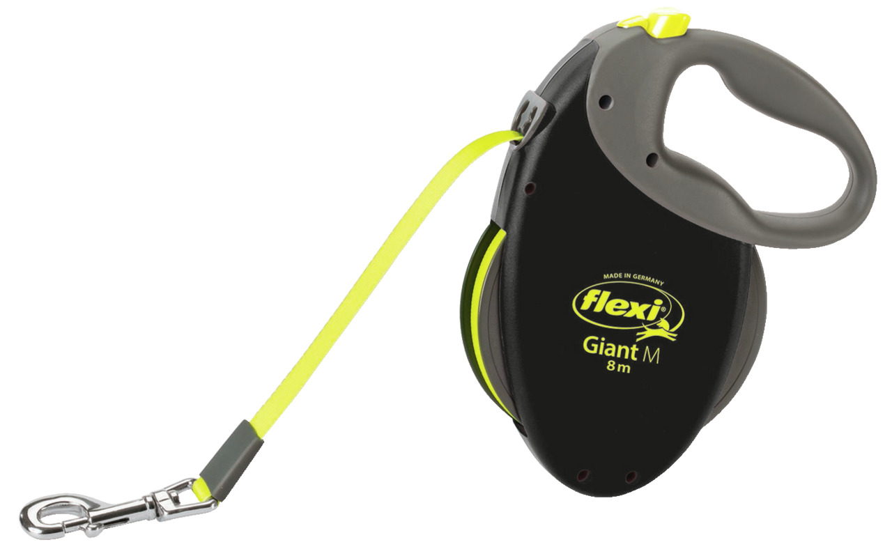 Flexi Giant M Gurtleine, ausziehbare Hundeleine für mittelgroße Hunde, 8m, Schwarz-Neongelb, ergonom. Griff, stabiler Karabiner.