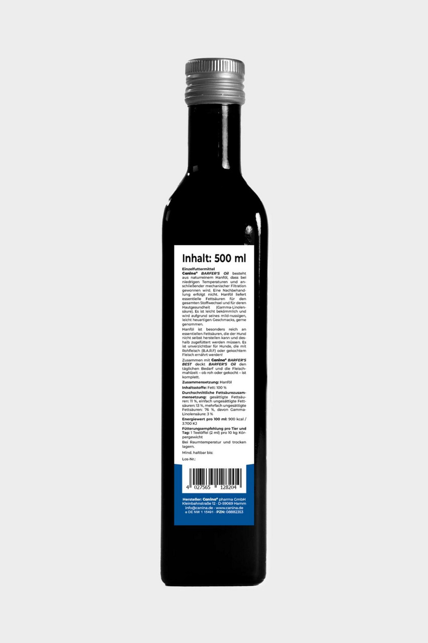 Canina BARFERS Öl, 500 ml, für Hunde & Katzen, reines Hanföl, reich an essentiellen Fettsäuren, unterstützt Haut- & Fellgesundheit.