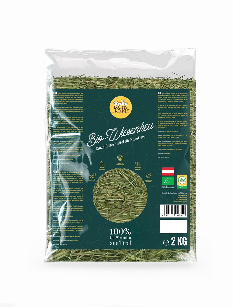 Lottis Freunde Bio-Wiesenheu, 2 kg, Einzelfuttermittel für Nagetiere, 100 % Bio-Wiesenheu aus Tirol, transparent verpackt.