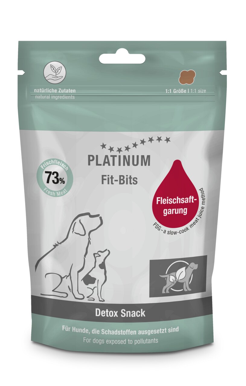 PLATINUM Fit-Bits Detox Snack, für Hunde, Geschmacksrichtung Fleisch, 73 % Frischfleisch, 1:1 Größe, natürliche Zutaten.