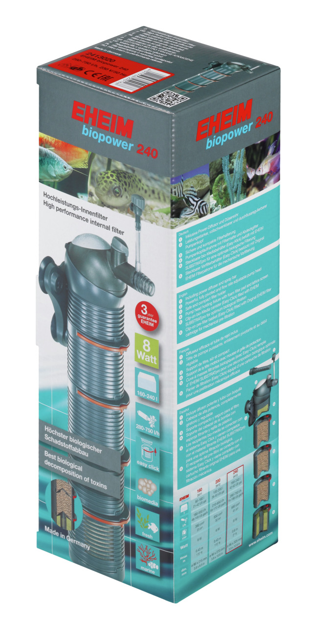 EHEIM biopower 240 Innenfilter, 160-240L, 8W, effektive Schadstoffbeseitigung, "Easy Click"-System, Made in Germany.