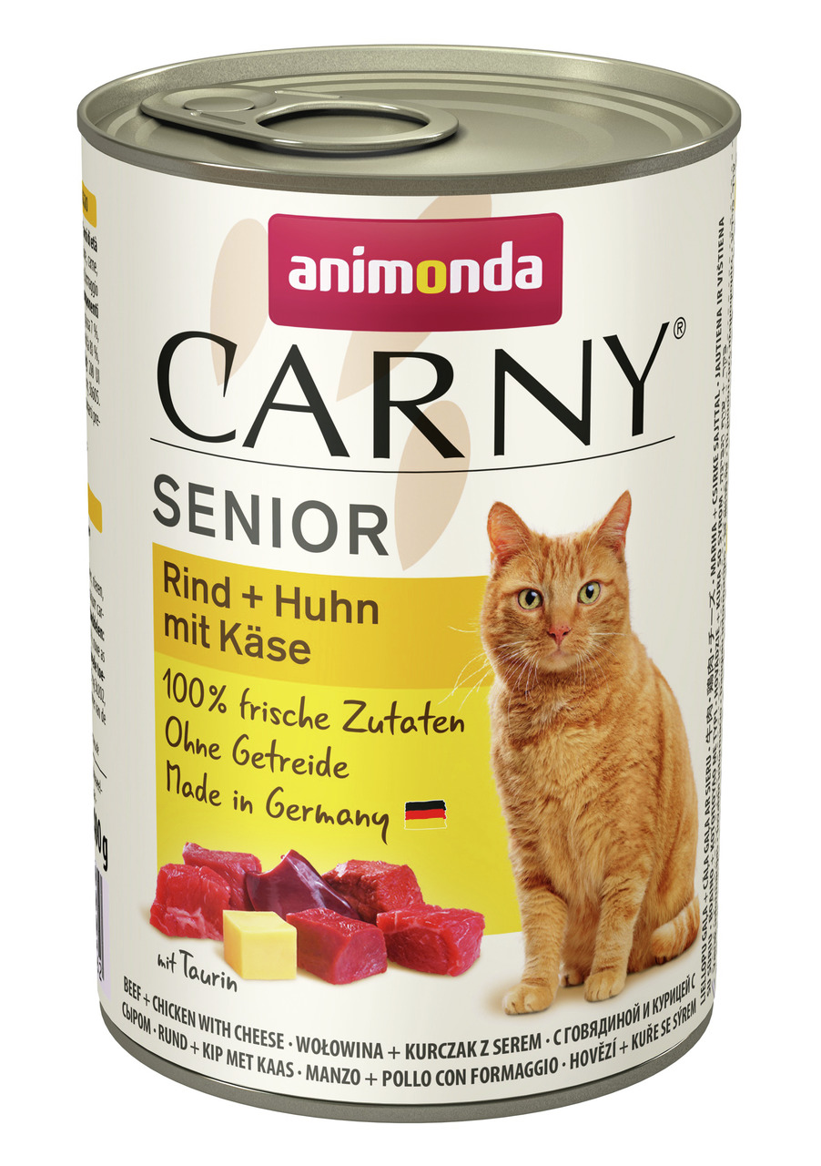 Animonda Carny Senior Katzenfutter, Rind & Huhn mit Käse, 400 g, für ältere Katzen, 100 % frisch, getreidefrei, made in Germany.