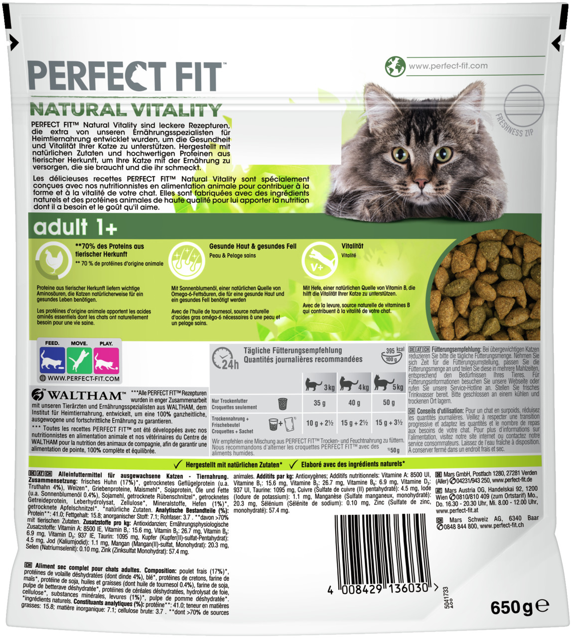 Perfect Fit Natural Vitality Adult 1+, Huhn, für Katzen ab 1 Jahr, 650 g: 70 % tierische Proteine, gesunde Haut, Fell & Vitalität.