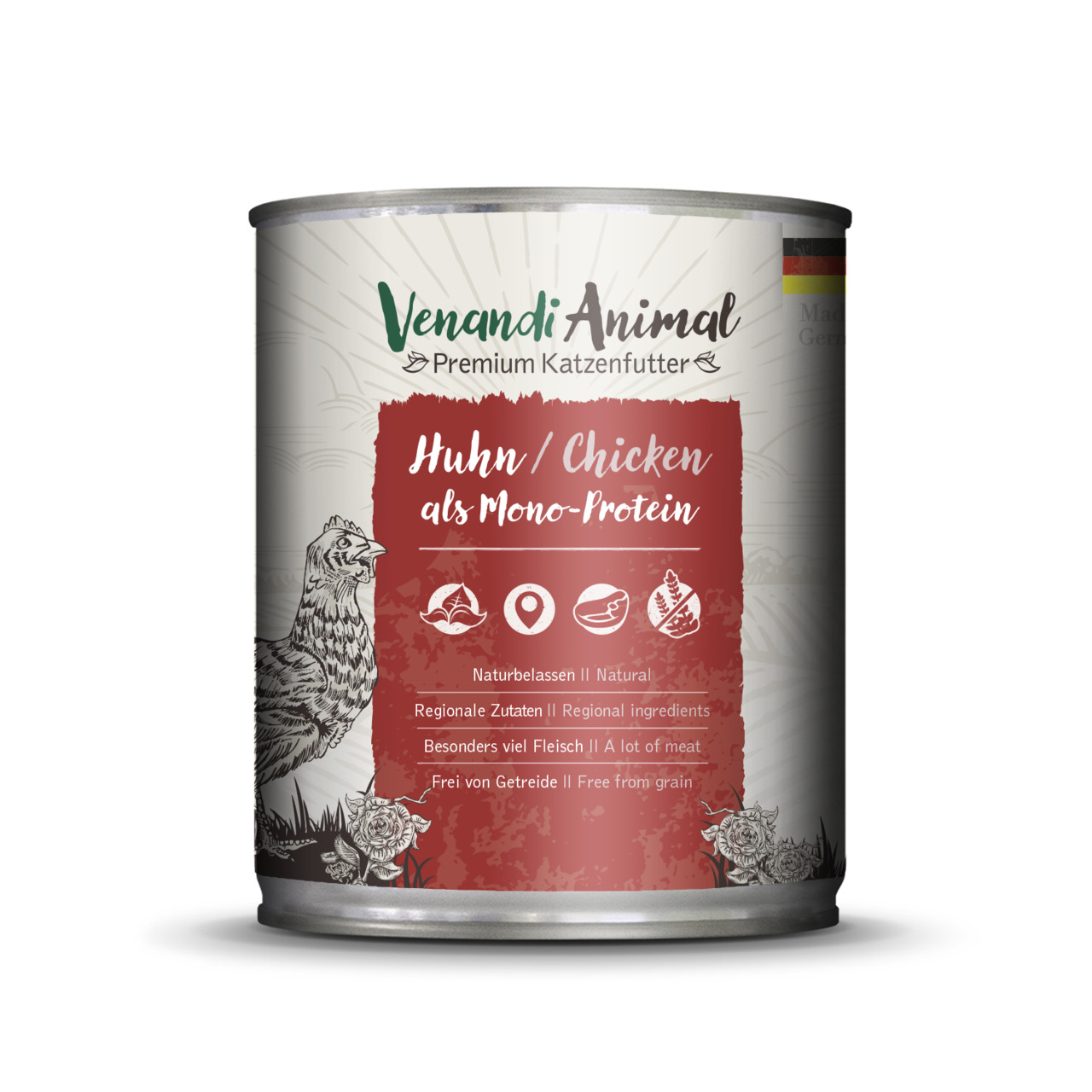 Venandi Animal Katzenfutter Huhn Mono-Protein: natürlich, regionale Zutaten, viel Fleisch, getreidefrei. Zielgruppe: Katzen.