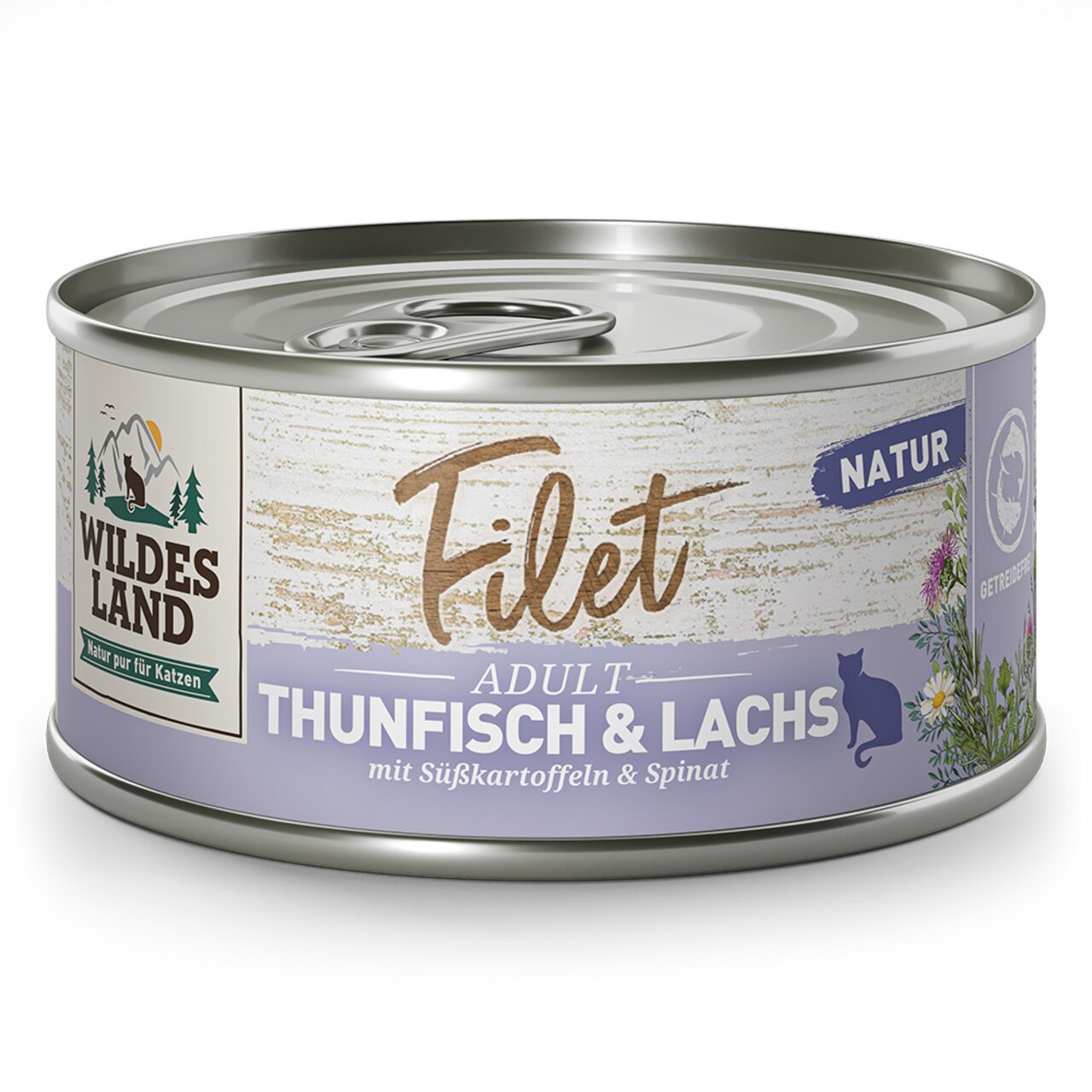 Wildes Land Filet Adult Thunfisch & Lachs, für ausgewachsene Katzen, getreidefrei, mit Süßkartoffeln & Spinat, 85 g.