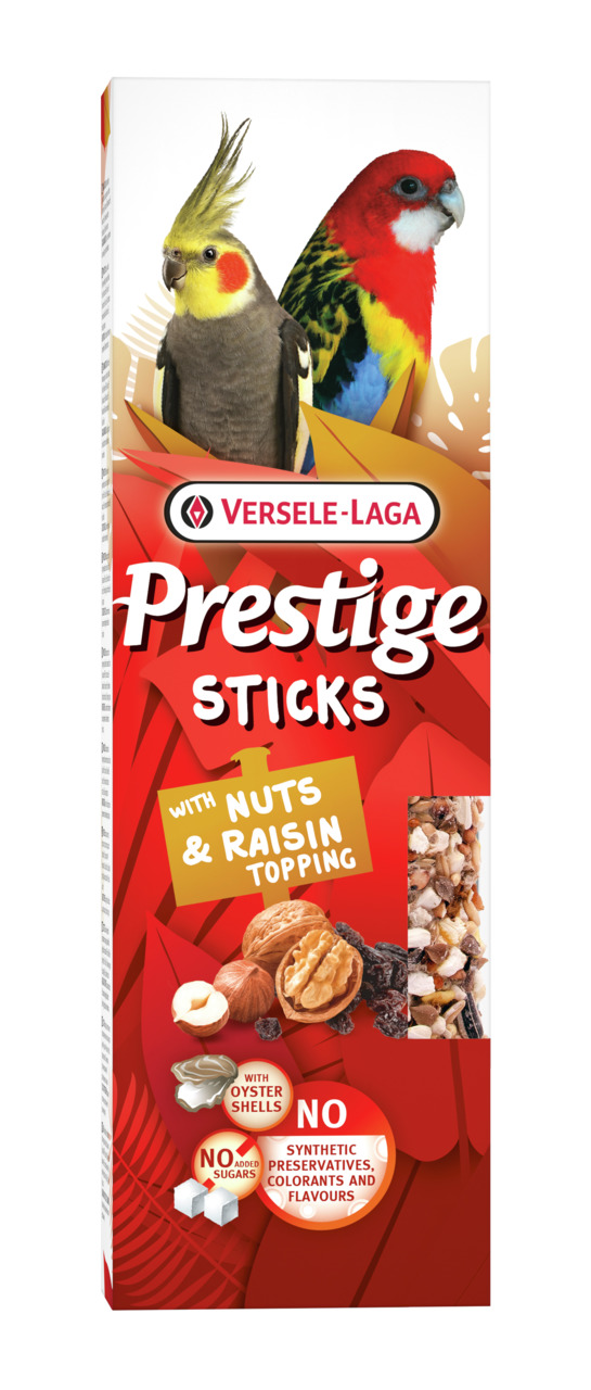 Versele-Laga Prestige Sticks: Snacks für Papageien & Sittiche, Nüsse & Rosinen, ohne synthet. Zusatzstoffe, Zuckerzusatz, 2 Stk.