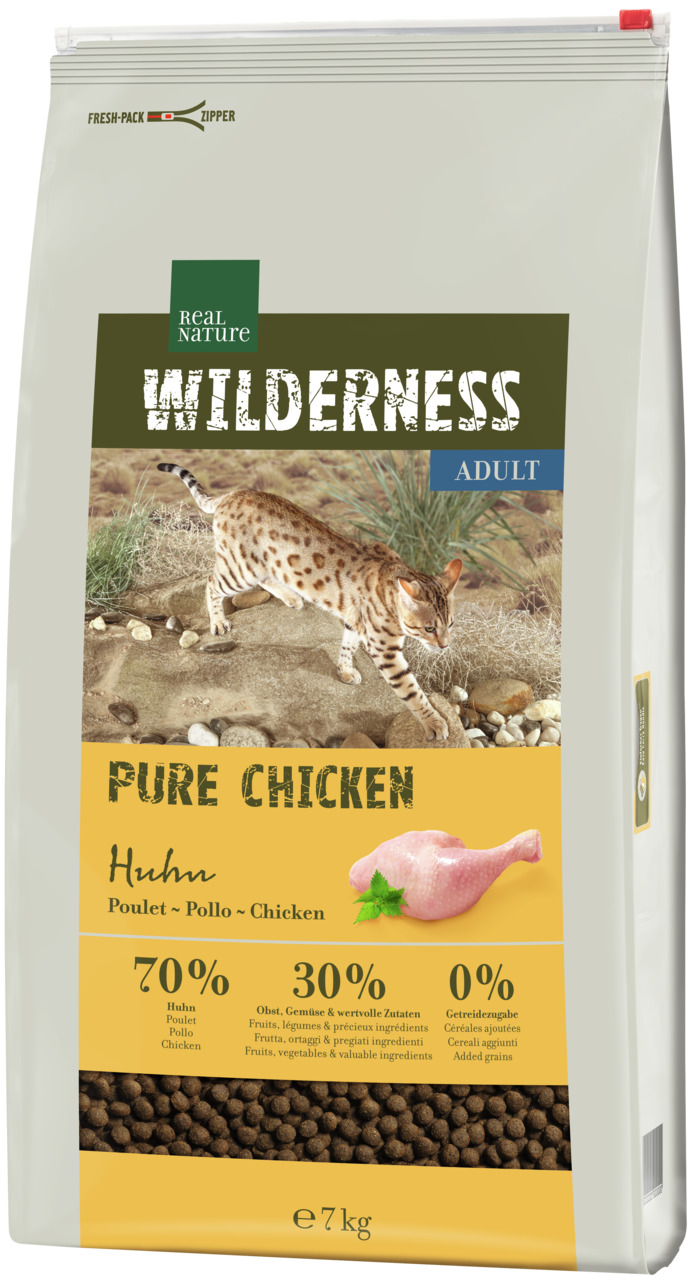 Real Nature Wilderness Katzenfutter Adult, Pure Chicken, 7 kg, 70 % Huhn, 30 % Obst-Gemüse, getreidefrei, mit Frischhalte-Zipper.