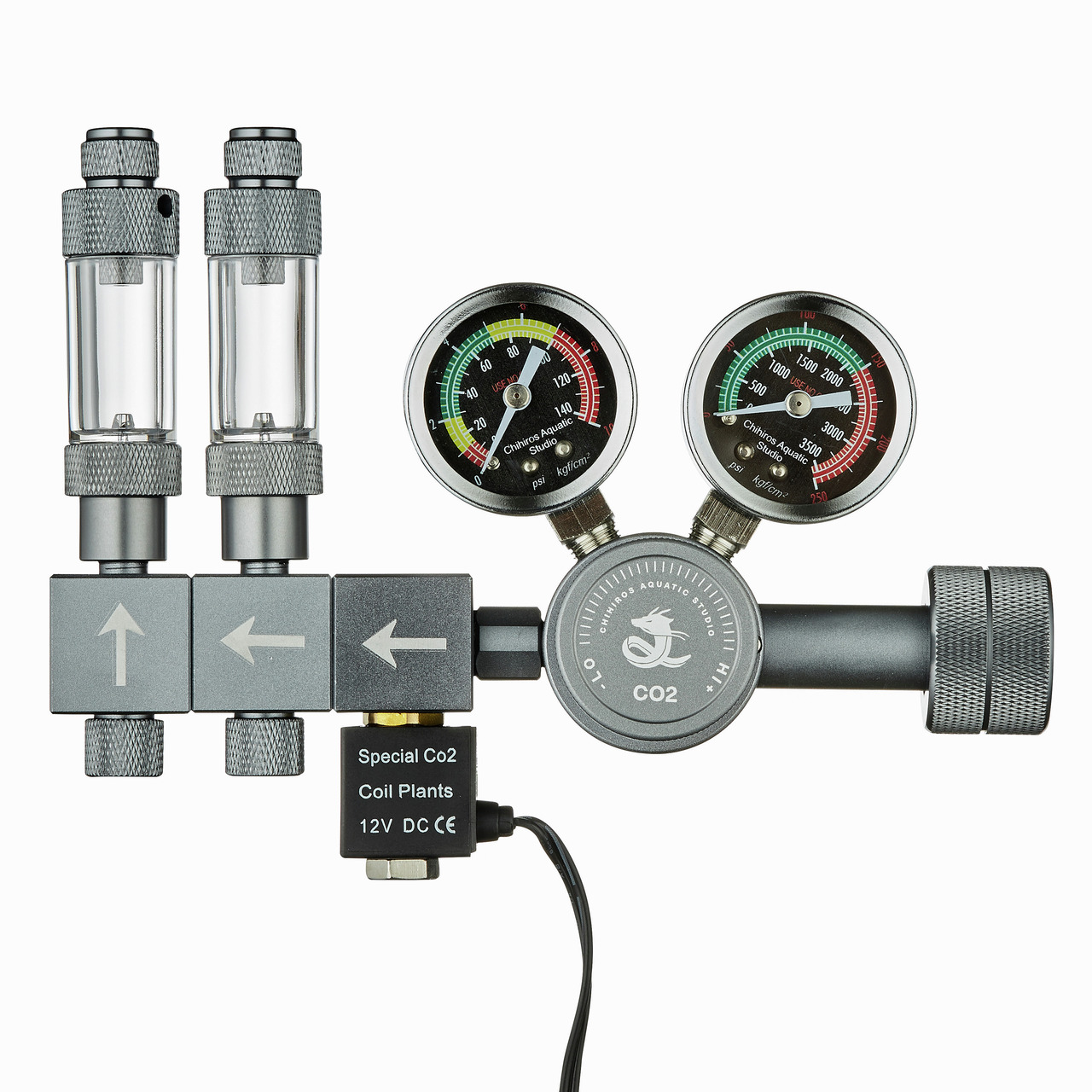 Chihiros CO2-Druckminderer, 2 Manometer, 2 Feinnadelventile, 12V DC, für Aquarienpflanzen, präzise Druckkontrolle, ideal für Aquarien.