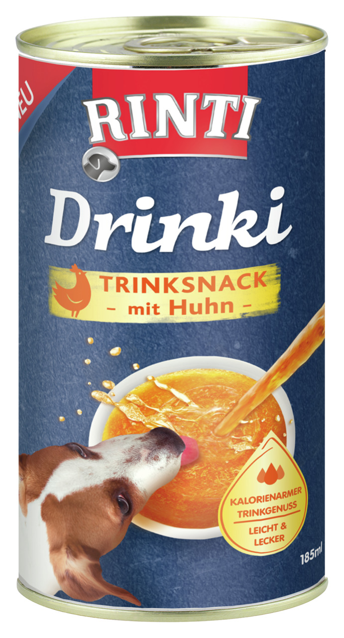 Das Bild zeigt eine Dose des Produkts „RINTI Drinki“, einem kalorienarmen Trinksnack für Hunde mit Huhn-Geschmack. Die Zielgruppe sind Hunde, und die Verpackung hebt hervor, dass das Produkt leicht und lecker ist. Die Dose hat ein Fassungsvermögen von 185