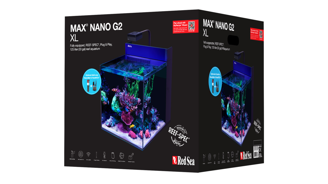 Red Sea MAX® NANO G2 XL Riffaquarium, Plug-and-Play, REEF-SPEC®, 125 L, schwarz, dekoriert mit Korallen & Pflanzen.