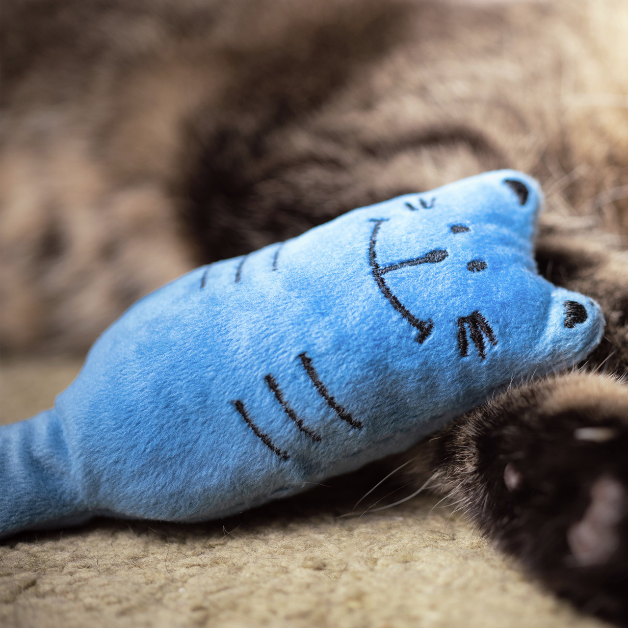 Ein blaues Katzenspielzeug in Form einer lächelnden Katze aus weichem Plüsch liegt auf einem beigen Teppich, umgeben von den Pfoten einer getigerten Katze. Das Produkt ist von der Marke Allpets und richtet sich an Katzen. Es dient der Unterhaltung und för