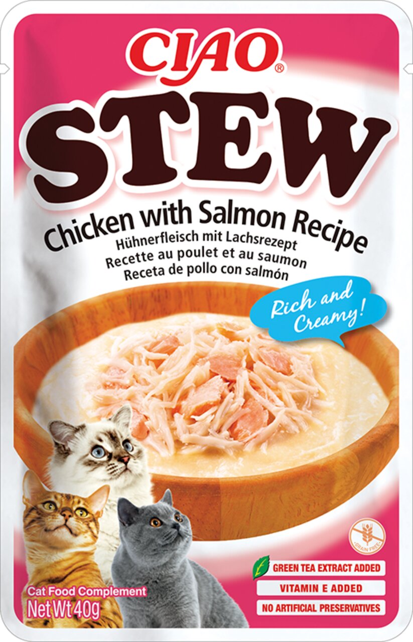 CIAO Stew Hühnerfleisch mit Lachsgeschmack, für Katzen, reich an Vitaminen, ohne künstliche Zusatzstoffe, 40g Packung.