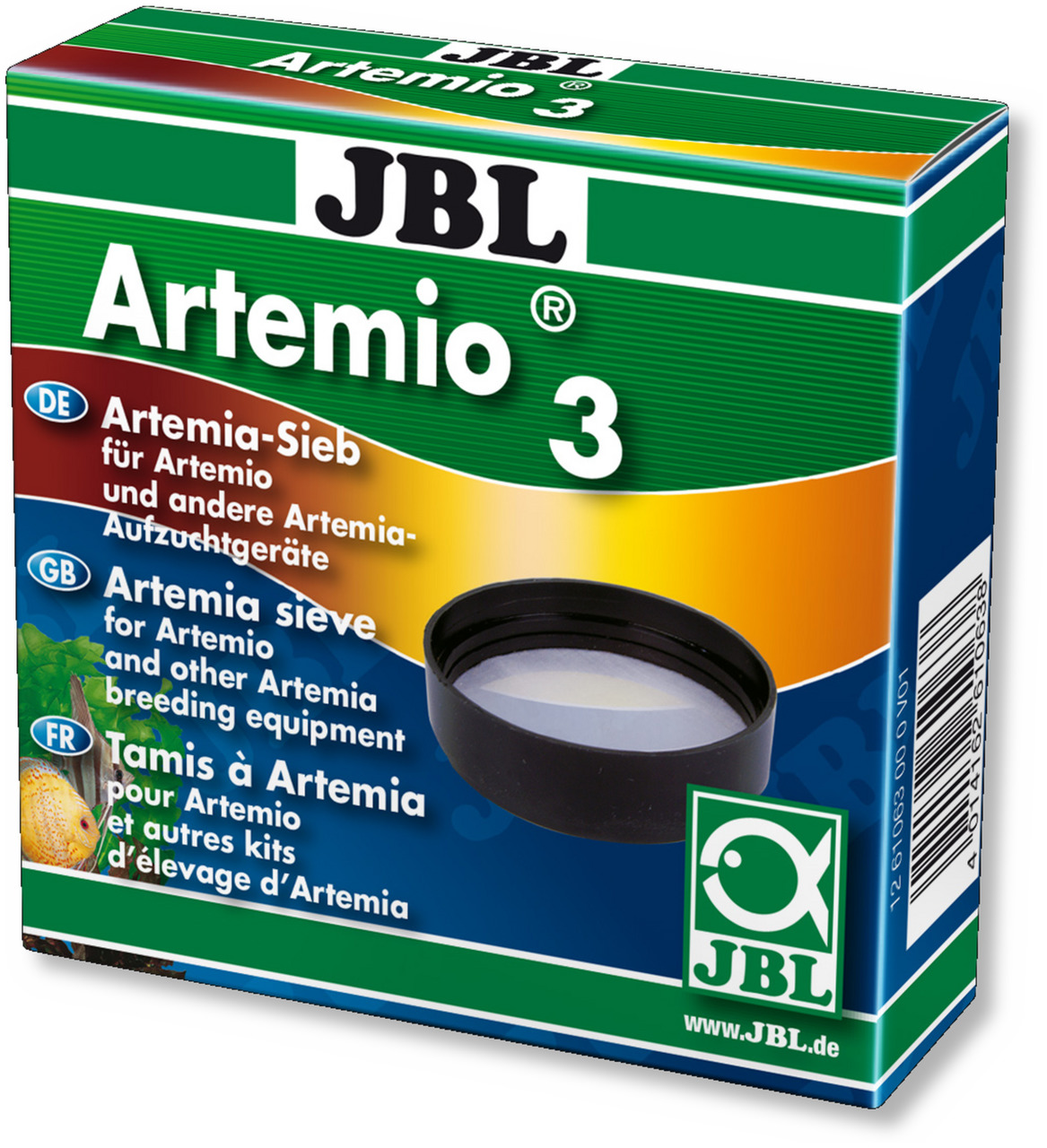 JBL Artemio 3, Artemia-Sieb für Aquarienbesitzer/Züchter, trennt Artemia von Aufzuchtgeräten, farbige Verpackung, mehrsprachig.