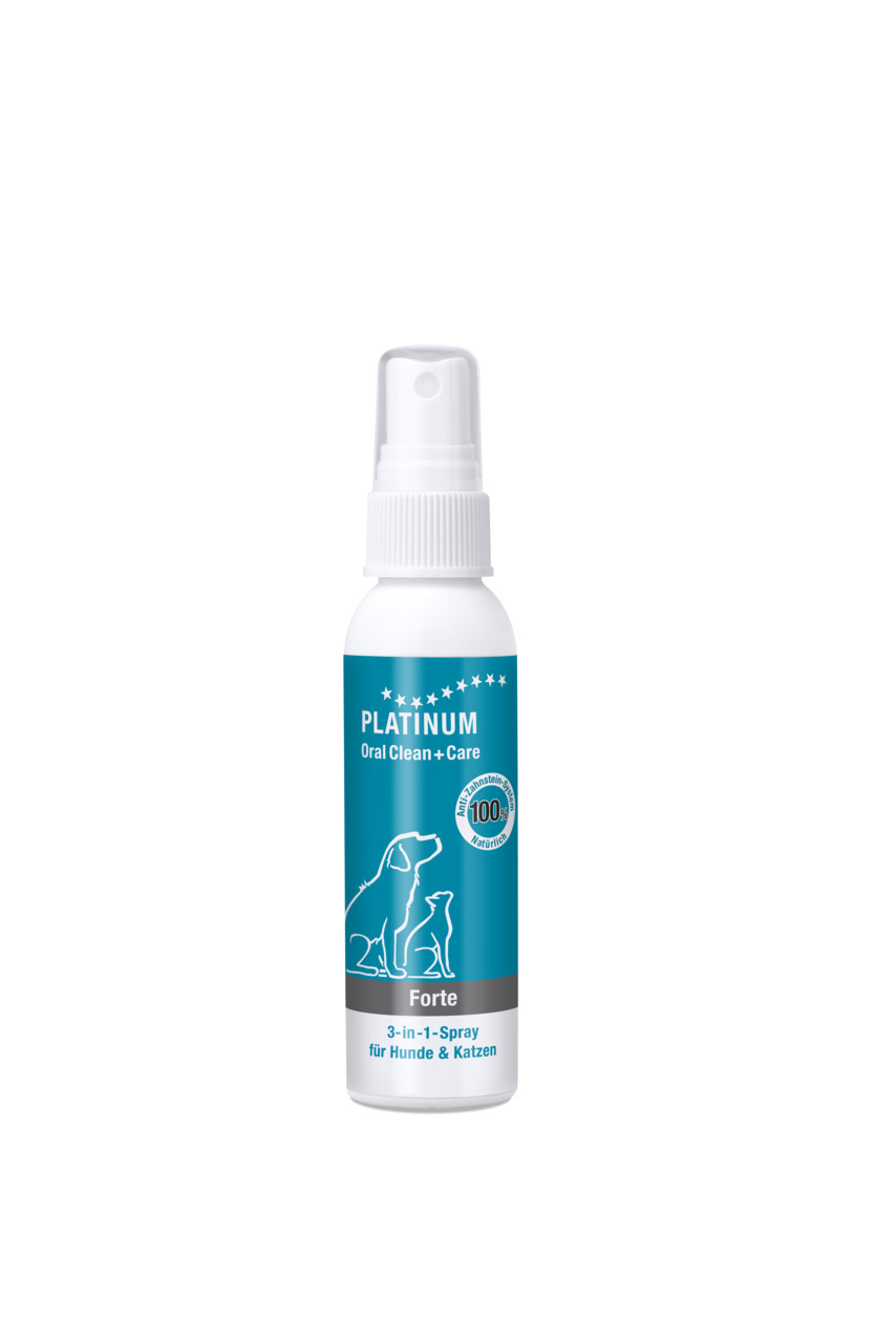 Das Bild zeigt eine weiße Sprühflasche des Produkts „PLATINUM Oral Clean+Care Forte“. Es handelt sich um ein 3-in-1-Spray für Hunde und Katzen, das zur Zahnpflege dient. Die Flasche hat ein blaues Etikett mit einer Illustration von Hund und Katze. Inhalt: