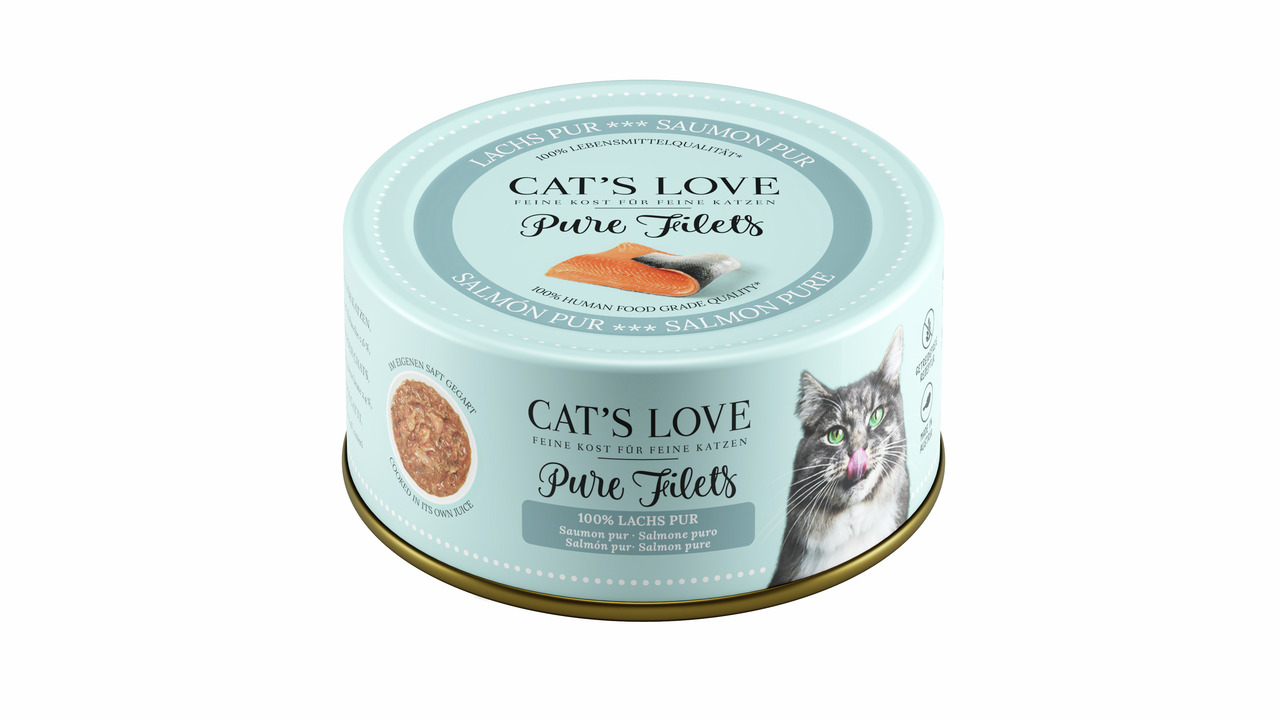 Das Bild zeigt eine runde Dose des Katzenfutters „Cat's Love Pure Filets“ in der Geschmacksrichtung Lachs pur. Die Dose ist hellblau gestaltet und trägt das Logo der Marke „Cat's Love“. Sie richtet sich an Katzen als Zielgruppe und enthält 100 % Lachs in 
