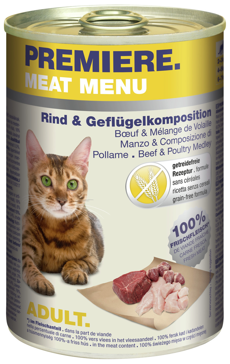 PREMIERE Meat Menu Katzenfutter, Adult, Rind & Geflügel, getreidefrei, 100 % Frischfleisch im Fleischanteil, Nassfutter.