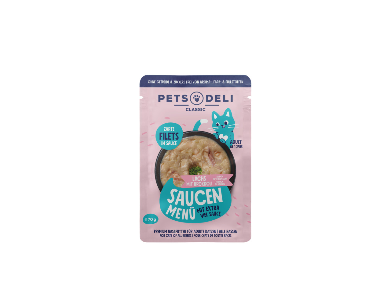 Pets Deli Classic Saucen Menü, Lachs mit Brokkoli, für Katzen ab 1 J., 70 g, zarte Filets in Sauce, „extra viel Sauce“, getreidefrei.