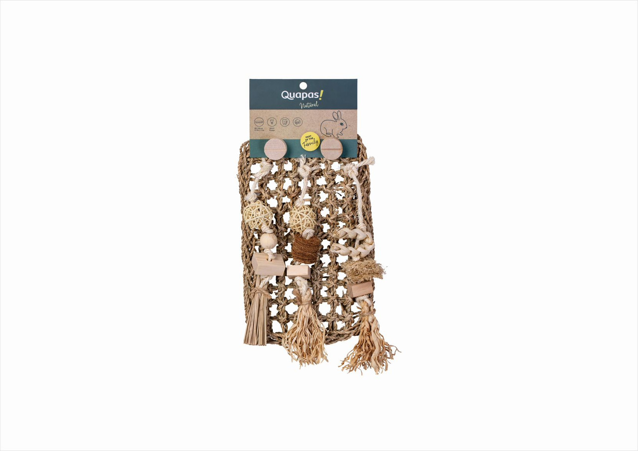 Quapas! Natural, Spielnetz für Kleintiere (Kaninchen-Meerschweinchen), aus Holz, Sisal & Bast, mit Spielzeugen zum Knabbern & Spielen.