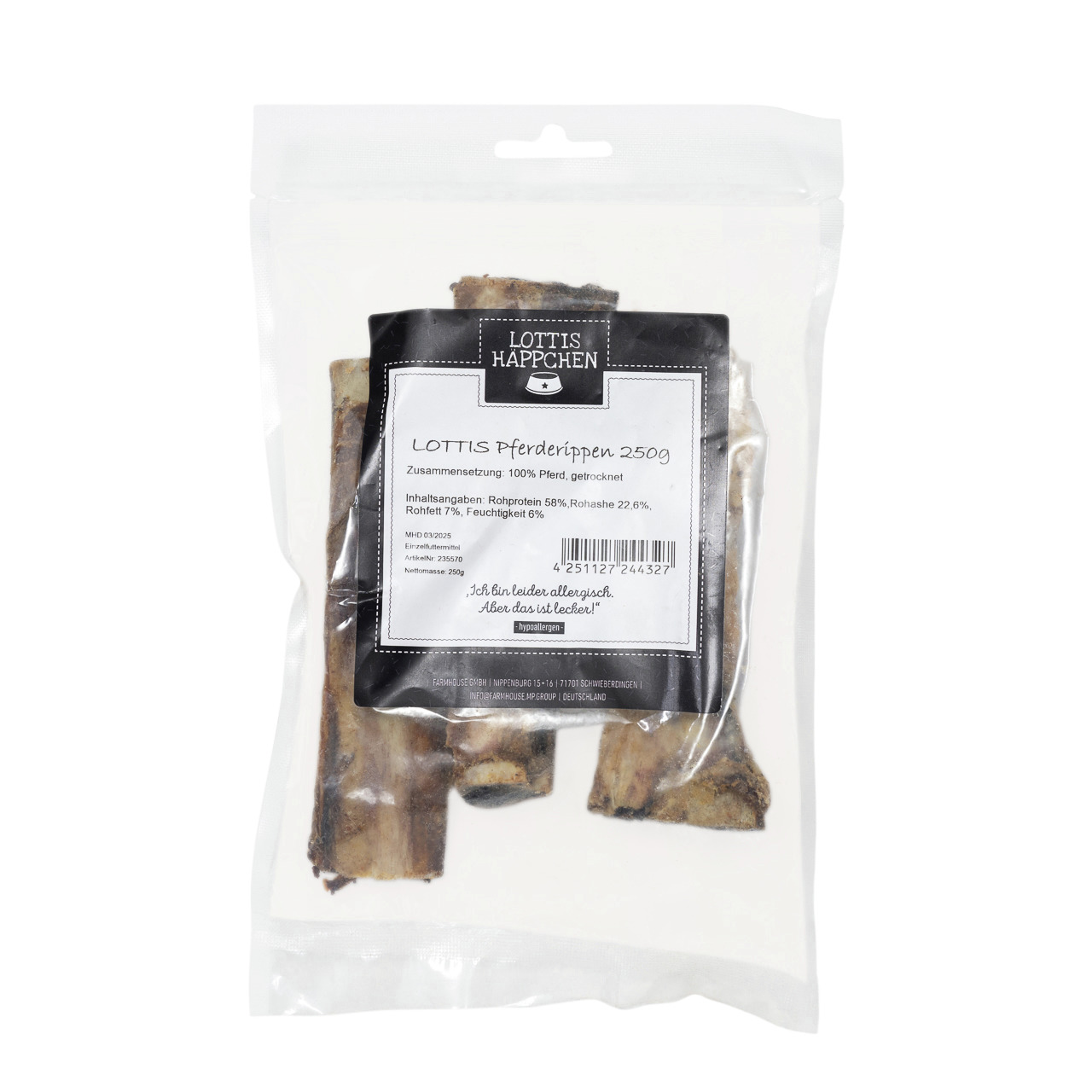 Lottis Häppchen Pferderippen 250g für Hunde, Geschmack Pferd, 100% Pferd, hypoallergen, Rohprotein 58%, Rohasche 22,6%, Rohfett 7%.