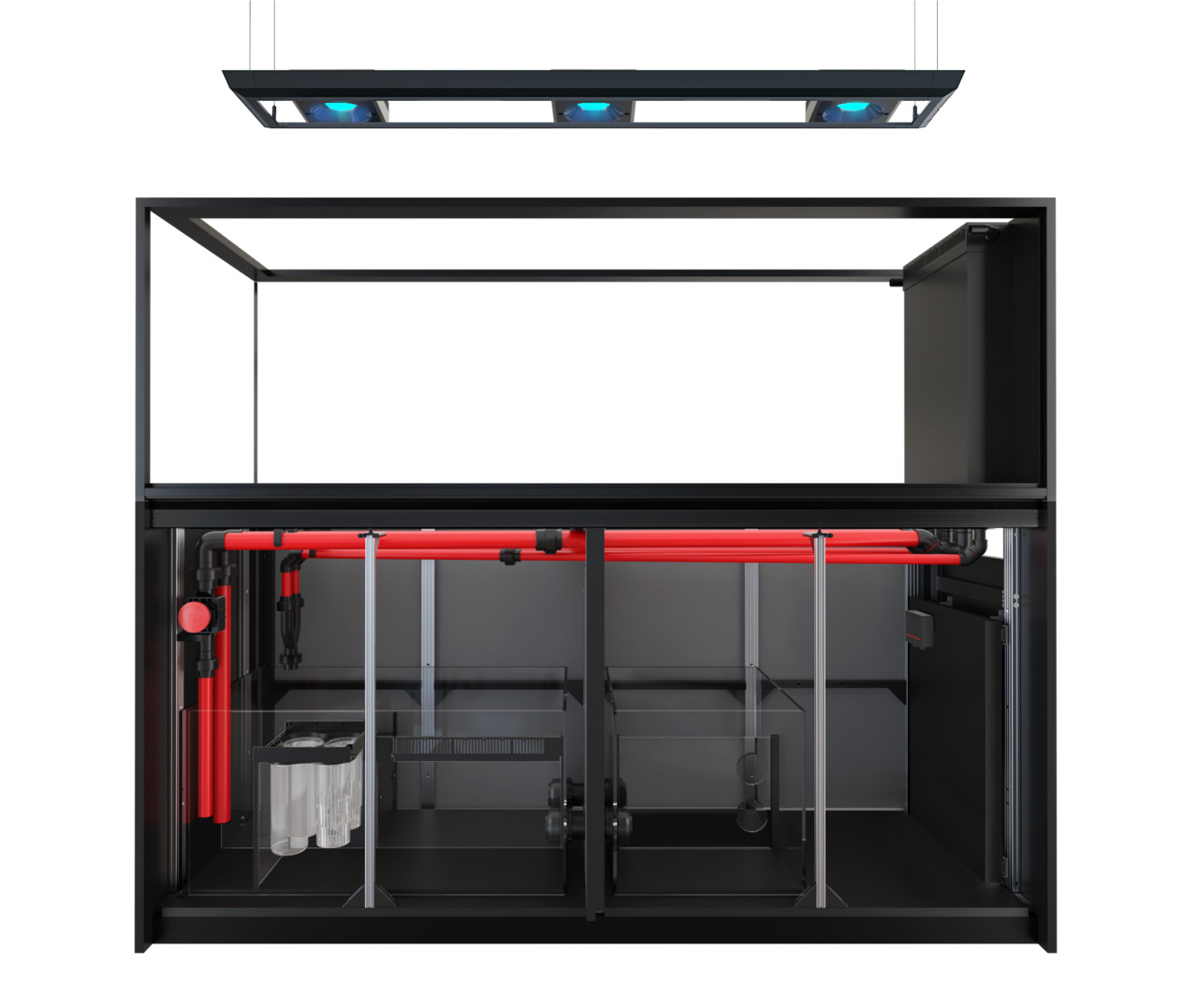 Das Bild zeigt das Red Sea Reefer 3XL 900 Aquarium-System, ein hochwertiges Meerwasseraquarium für erfahrene Aquarianer. Es umfasst ein modernes, offenes Design mit einem schwarzen Aluminiumrahmen, einem integrierten Filtersystem mit roten PVC-Rohren und 