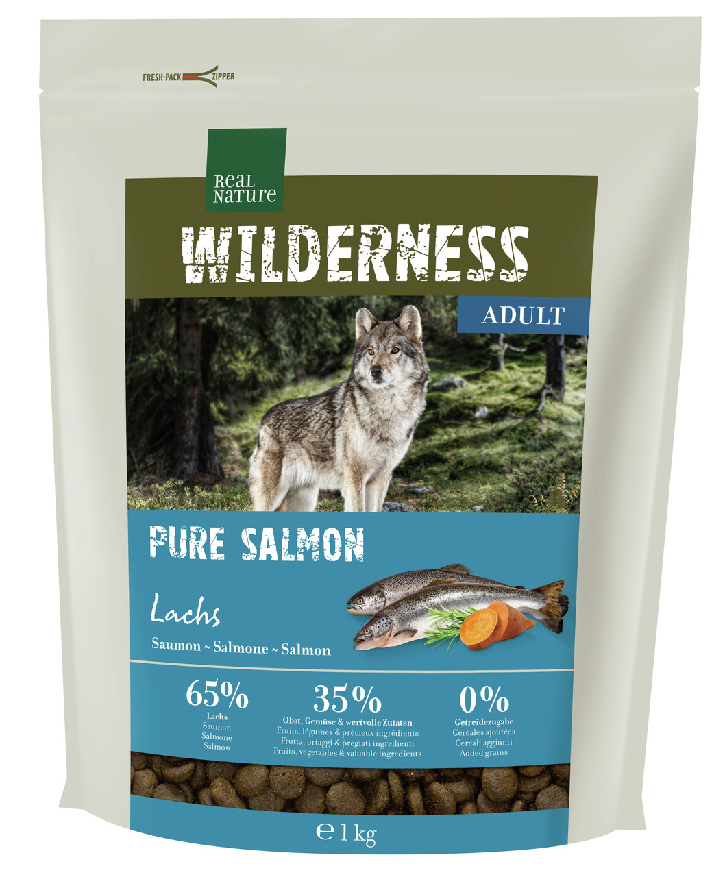 REAL NATURE WILDERNESS PURE SALMON, Hundefutter f. erwachsene Hunde, Lachs, 65 % Lachs, 0 % Getreide, 1 kg.