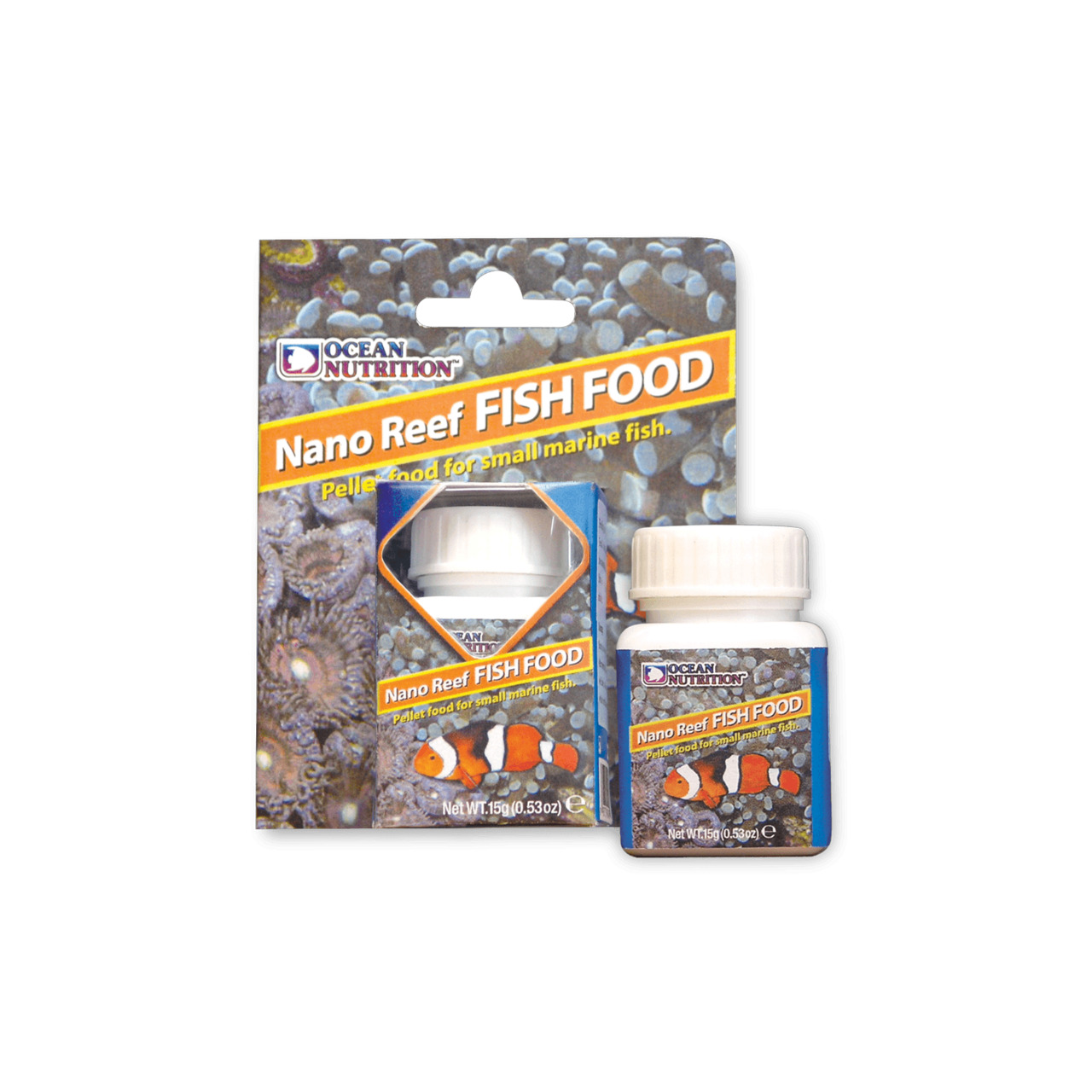 Ocean Nutrition Nano Reef Fish Food, für kleine Meerwasserfische, 15 g, mit Clownfisch-Design, speziell für Nano-Riff-Aquarien.