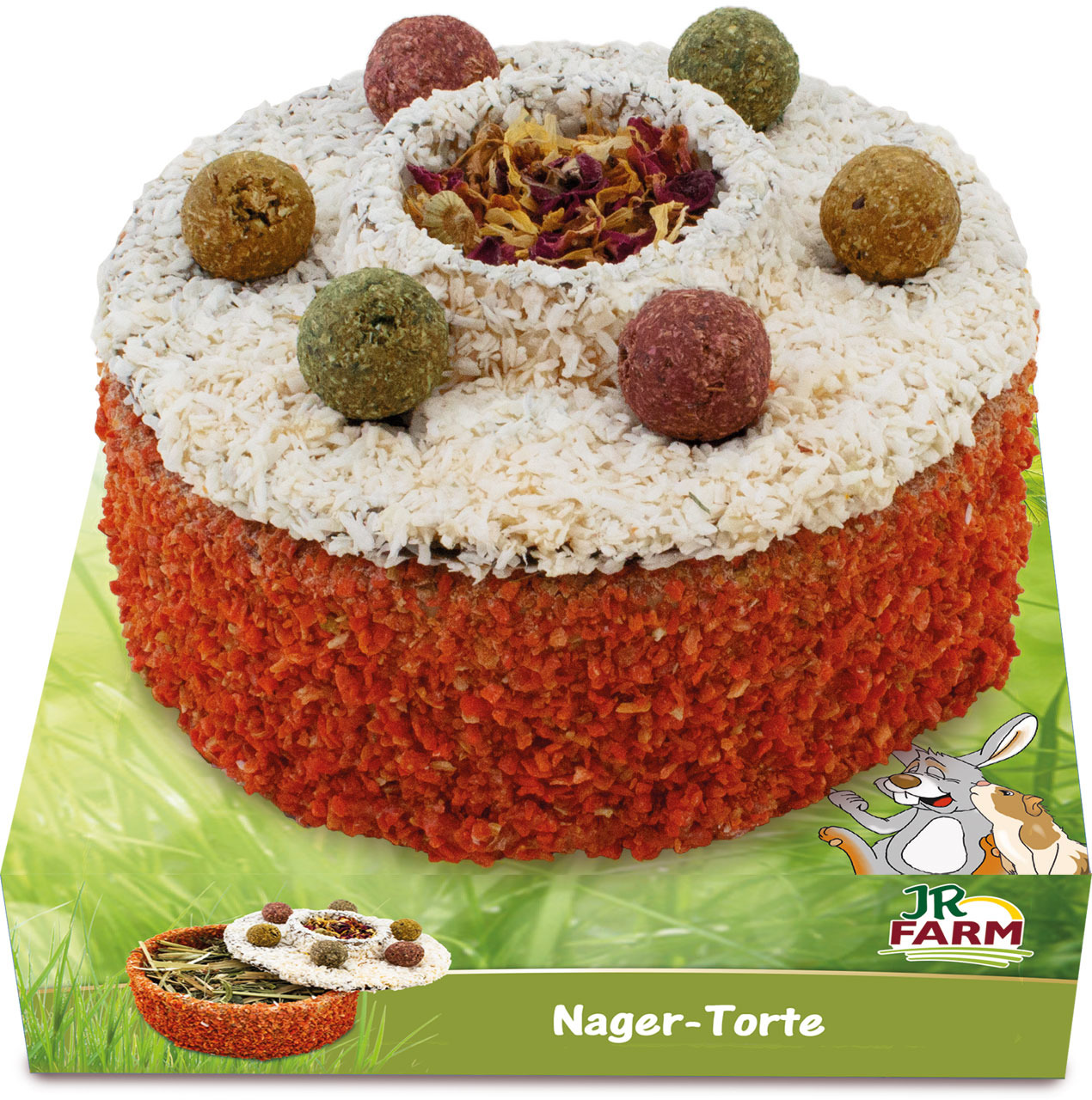 JR FARM Nager-Torte: Snack f. Kaninchen, Meerschweinchen, Hamster. Natürl. Zutaten, Kokos-Schicht, rote Basis.