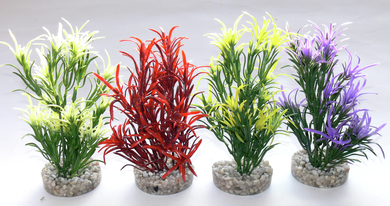 Sydeco künstl. Aquariumpflanzen, 4 Stk., Farben: Grün, Rot, Gelb, Lila, auf Kieselsockel, ideal f. Aquarien-Deko.