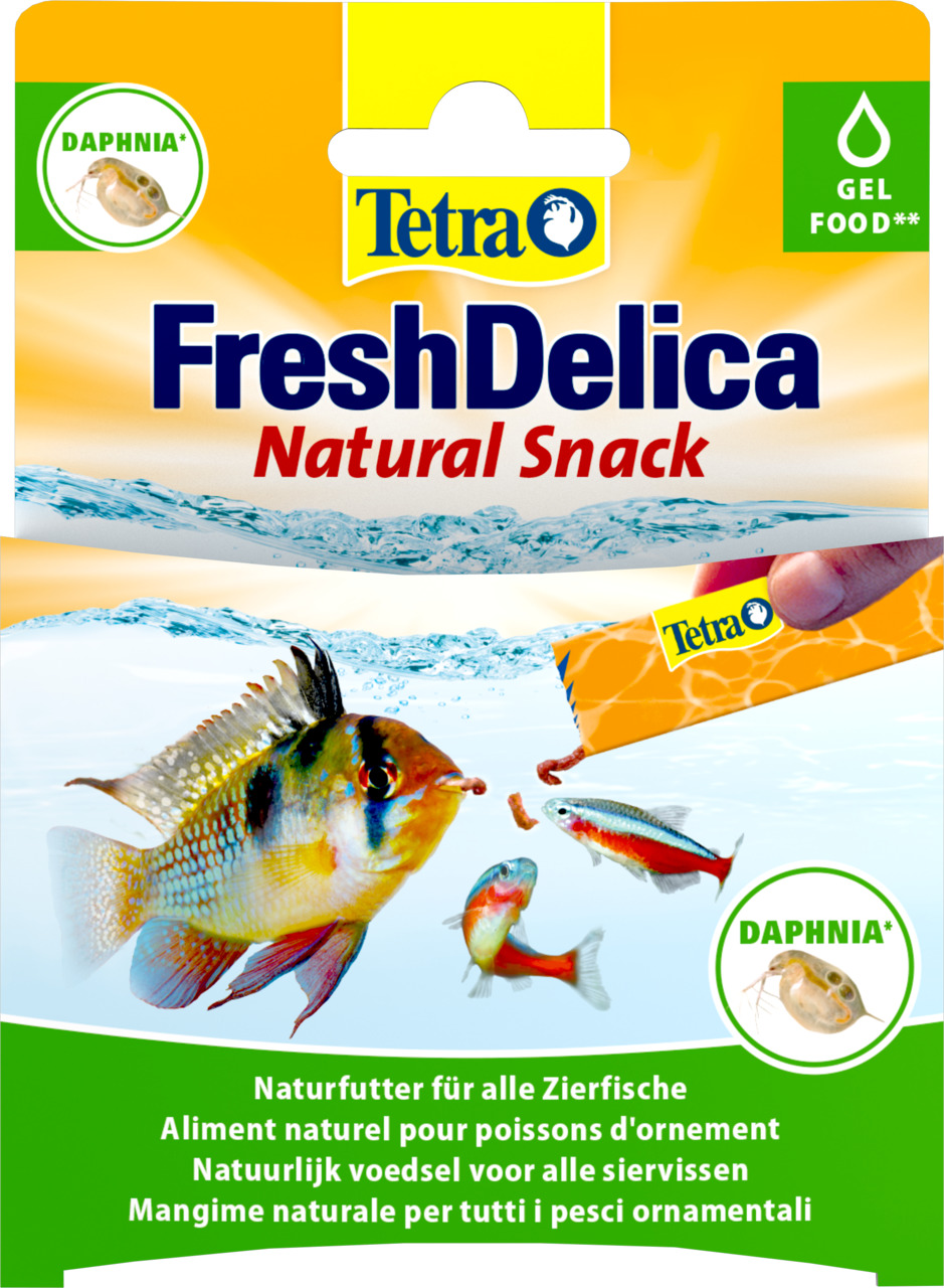 Tetra FreshDelica Natural Snack, Naturfutter in Gel-Form mit Daphnien, für Zierfische, 48 g, gelb-orange Verpackung.